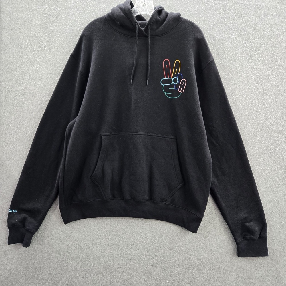 Adidas Men Hoodie L Black Peace Hand Pullover Logo Graphic Print Drawstring